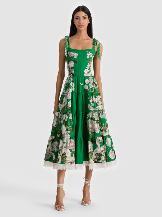 AMERICAN BEAUTY GREEN APPLE-ROSALEE BUSTIER MIDI DRESS