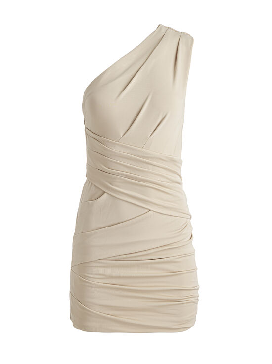 ALMOND-TAYA ASYMMETRIC DRAPED MINI DRESS
