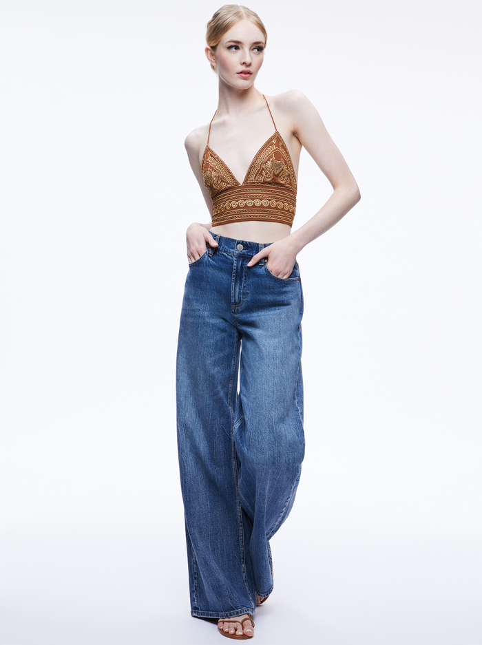 CARLI EMBROIDERED TIE NECK BRA TOP - CAMEL/GOLD image 4 - Alice And Olivia