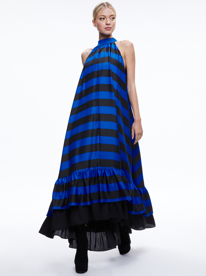 JOVIE HALTER NECK HIGH LOW MAXI DRESS - SAPPHIRE/BLACK STRIPE image 2 - Alice And Olivia