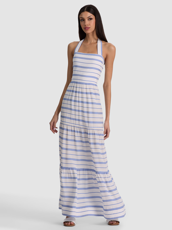 OFF WHITE/BLUE IRIS-SAIGE HALTER TIERED MIDI DRESS