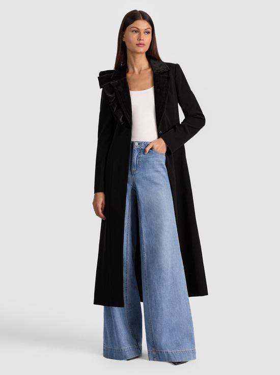 BLACK-FAIE SLIM RUFFLE MAXI BLAZER