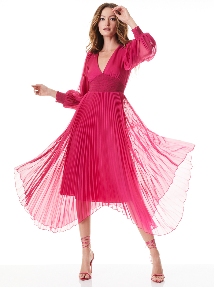 SION SUNBURST PLEATED SMOCKED WAIST MIDI DRESS - RASPBERRY image 4 - Alice And Olivia