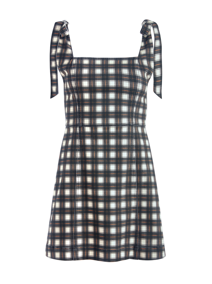 MARYANN PLAID TIE SHOULDER MINI DRESS - SHAW PLAID LG ANTIQUE WHITE image 5 - ALICE + OLIVIA