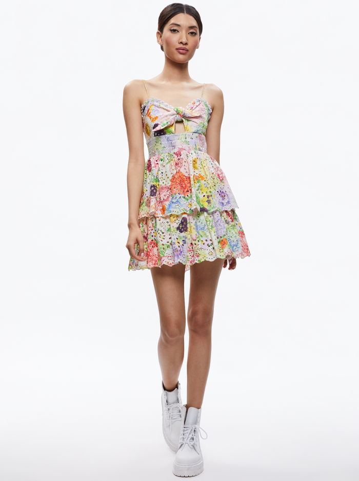 FINA TIE FRONT SMOCKED WAIST RUFFLE MINI DRESS - DAWN FLORAL - Alice And Olivia
