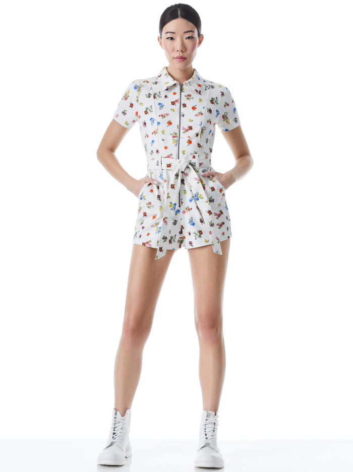 GORGEOUS DENIM ROMPER WITH TIE BELT - OFF WHITE MULTI image 4 - Alice And Olivia