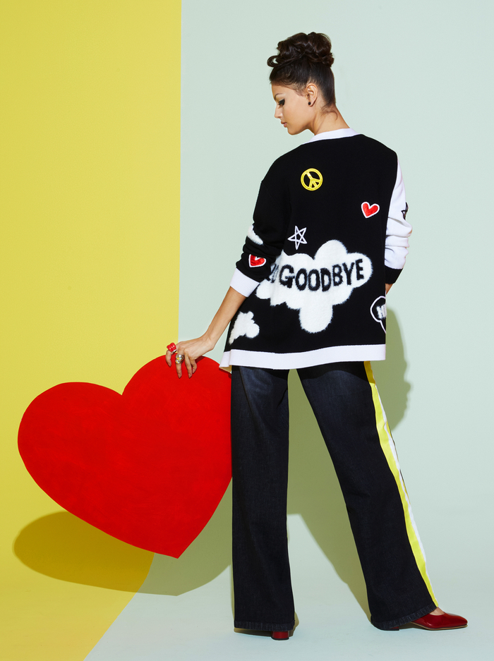 A+O X THE BEATLES BRADFORD CARDIGAN - SOFT WHITE/BLACK MULTI - Alice And Olivia