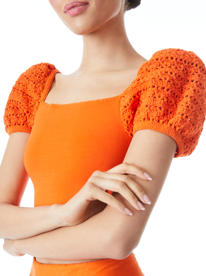 CALEY CROCHET PUFF SLEEVE CROP TOP - SIENNA image 3 - Alice And Olivia