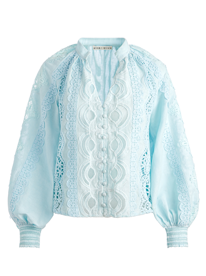 LESSIE EMBROIDERED BLOUSON SLEEVE BUTTON FRONT BLOUSE - JULEP image 5 - Alice And Olivia