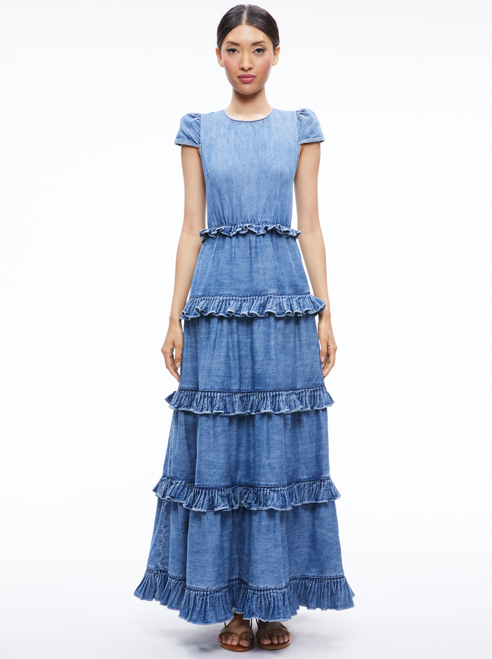 CADBY DENIM RUFFLED MAXI DRESS - IVY BLUE - Alice And Olivia