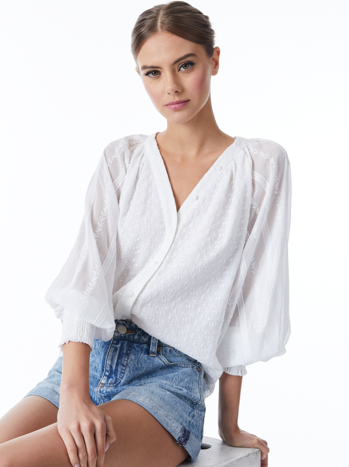 LANG EMBROIDERED BUTTON DOWN BLOUSE - WHITE - Alice And Olivia