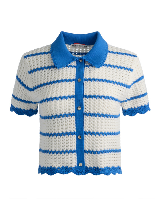 BLUE IRIS/WHITE-RANDALL POINTELLE POLO CARDIGAN