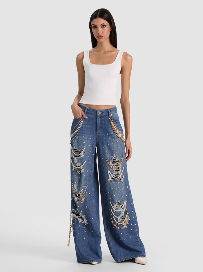 HARPER EMBELLISHED RIPPED JEAN - GEORGETTA VINTAGE BLUE image 2 - ALICE + OLIVIA