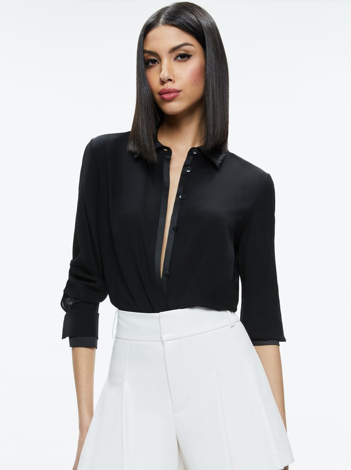 WILLA RELAXED PLACKET TOP WITH PIPING DETAIL - BLACK - Alice And Olivia