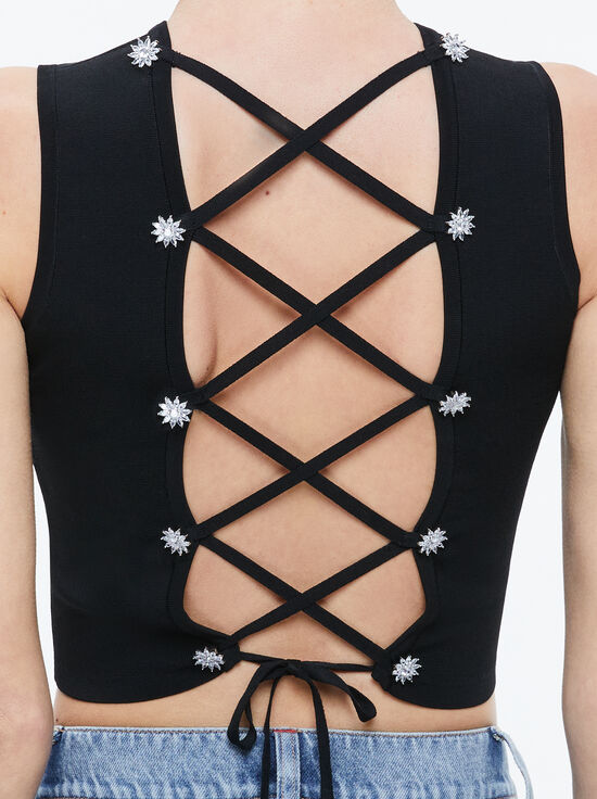 BLACK-LOE LACE UP BACK SLEEVELESS SWEATER