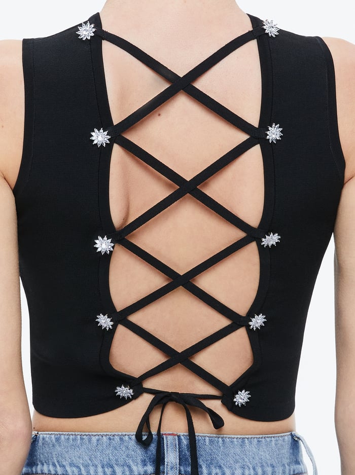 LOE LACE UP BACK SLEEVELESS SWEATER - BLACK image 3 - Alice And Olivia
