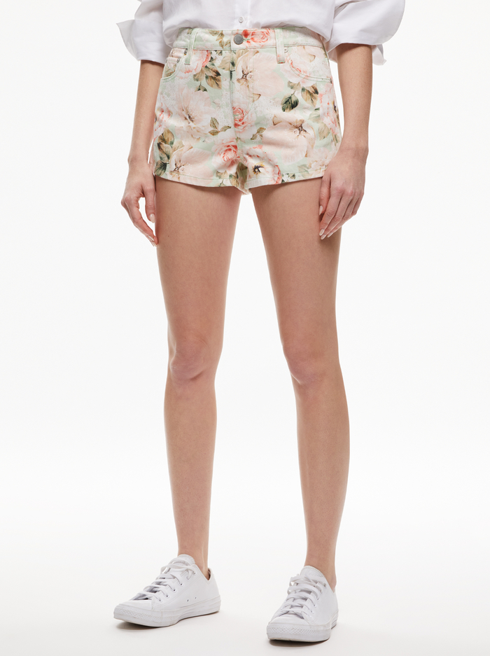 AMAZING HIGH RISE DENIM VINTAGE SHORT - MORNINGSIDE FLORAL PISTACHIO - Alice And Olivia