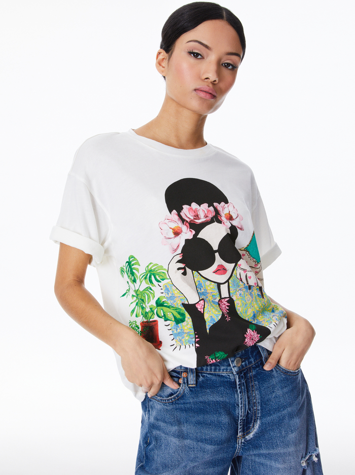 EVAN OVERSIZED ROLL SLV TEE - WHITE - Alice And Olivia