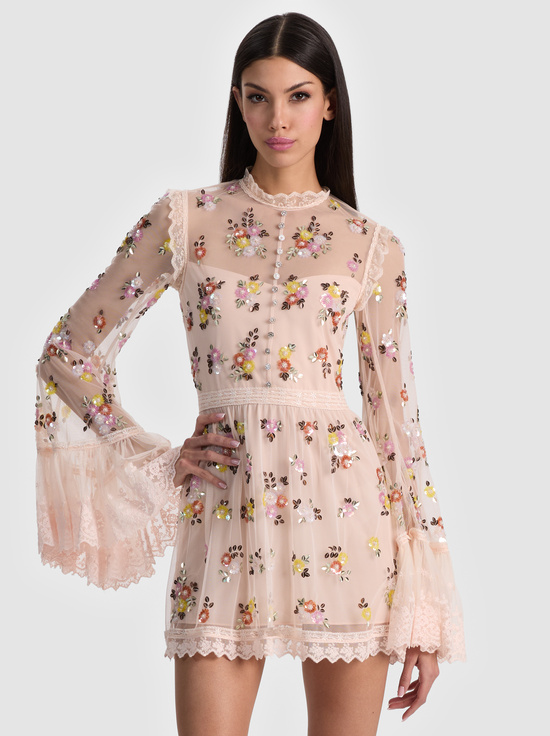 PALE PINK-ALLEGRA EMBELLISHED LACE MINI DRESS