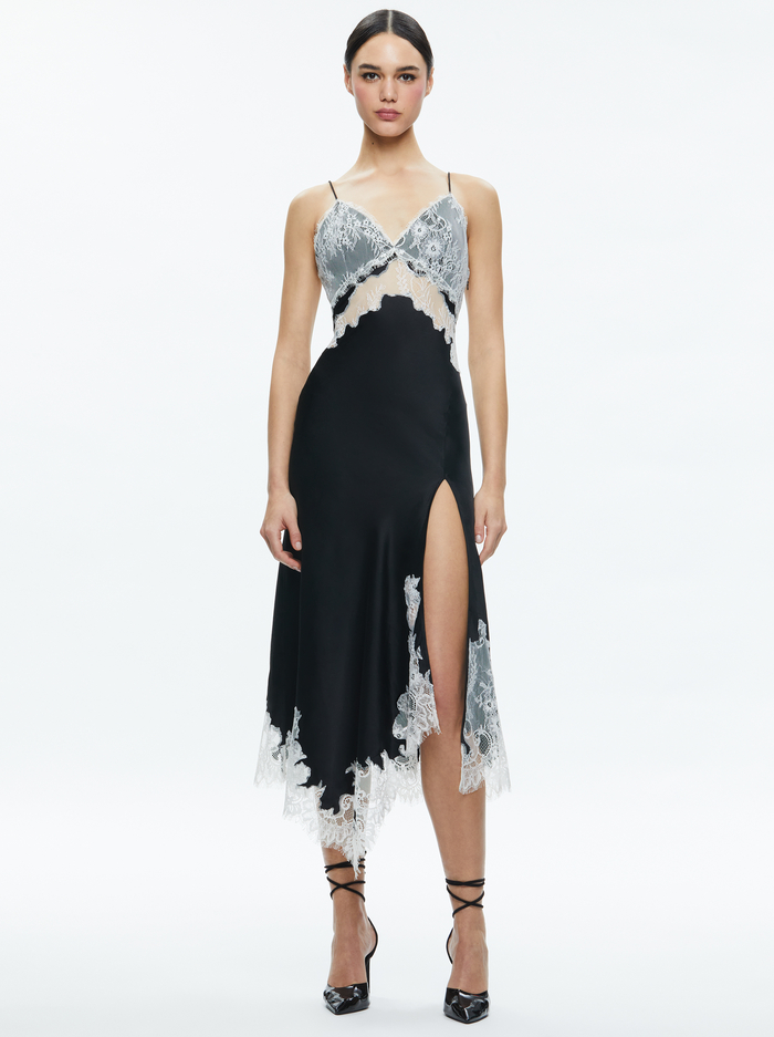 DAPHNE LACE ASYMMETRICAL SLIT MIDI DRESS - BLACK/OFF WHITE image 2 - Alice And Olivia