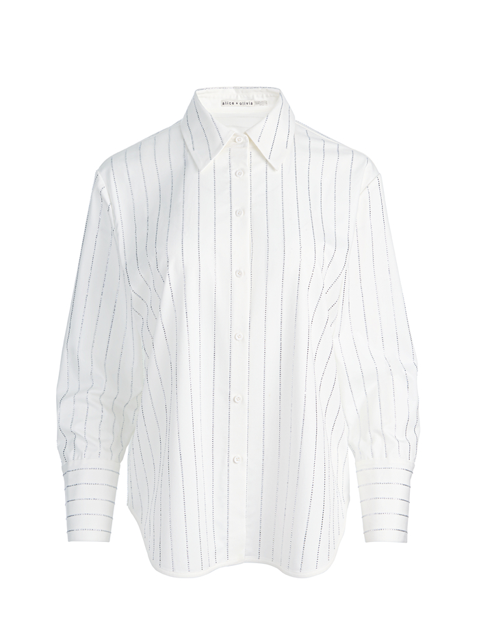 FINELY EMBELLISHED OVERSIZED BUTTON DOWN - OFF WHITE/CLEAR CRYSTAL PINSTR image 5 - ALICE + OLIVIA