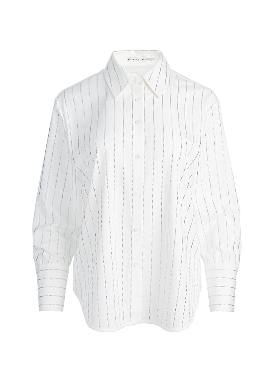 OFF WHITE/CLEAR CRYSTAL PINSTR-FINELY EMBELLISHED OVERSIZED BUTTON DOWN