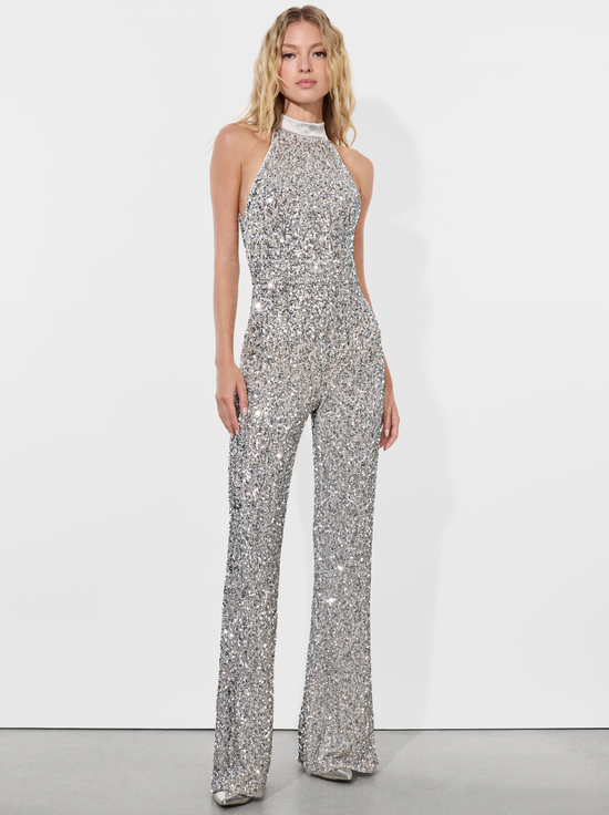 High neck sequin jumpsuit on sale