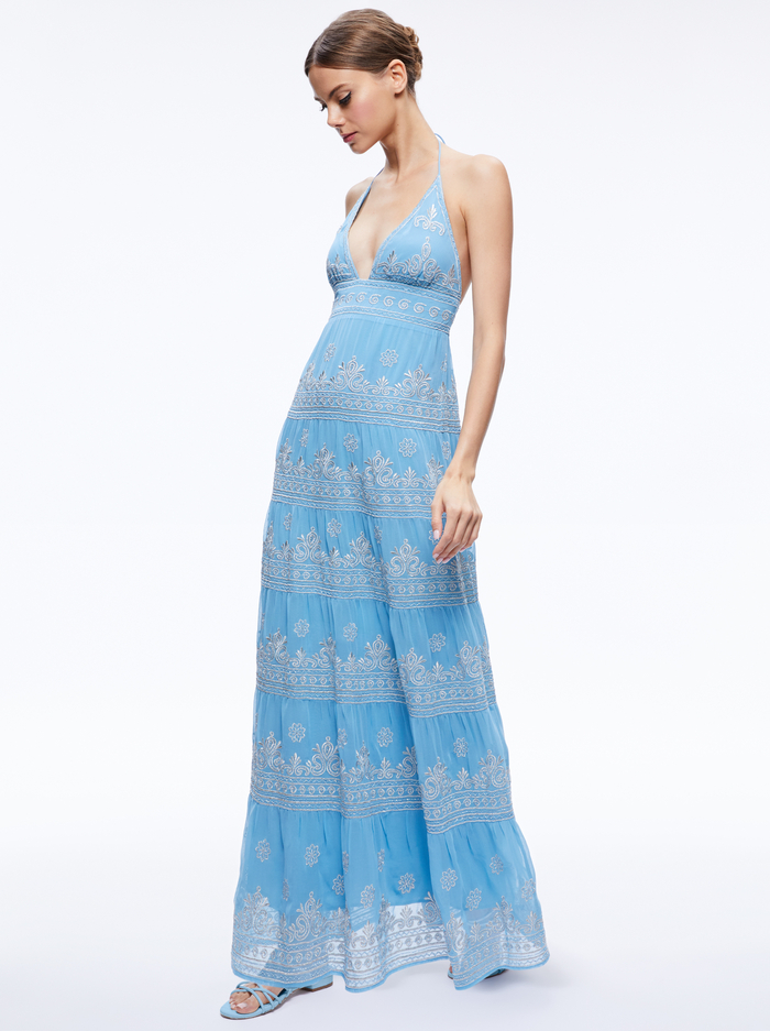 KAROLINA EMBROIDERED HALTER NECK MAXI DRESS - OXFORD BLUE/SILVER image 2 - Alice And Olivia