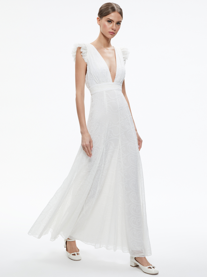 VANNA V-NECK RUFFLE SLEEVE MAXI DRESS - WHITE - Alice And Olivia