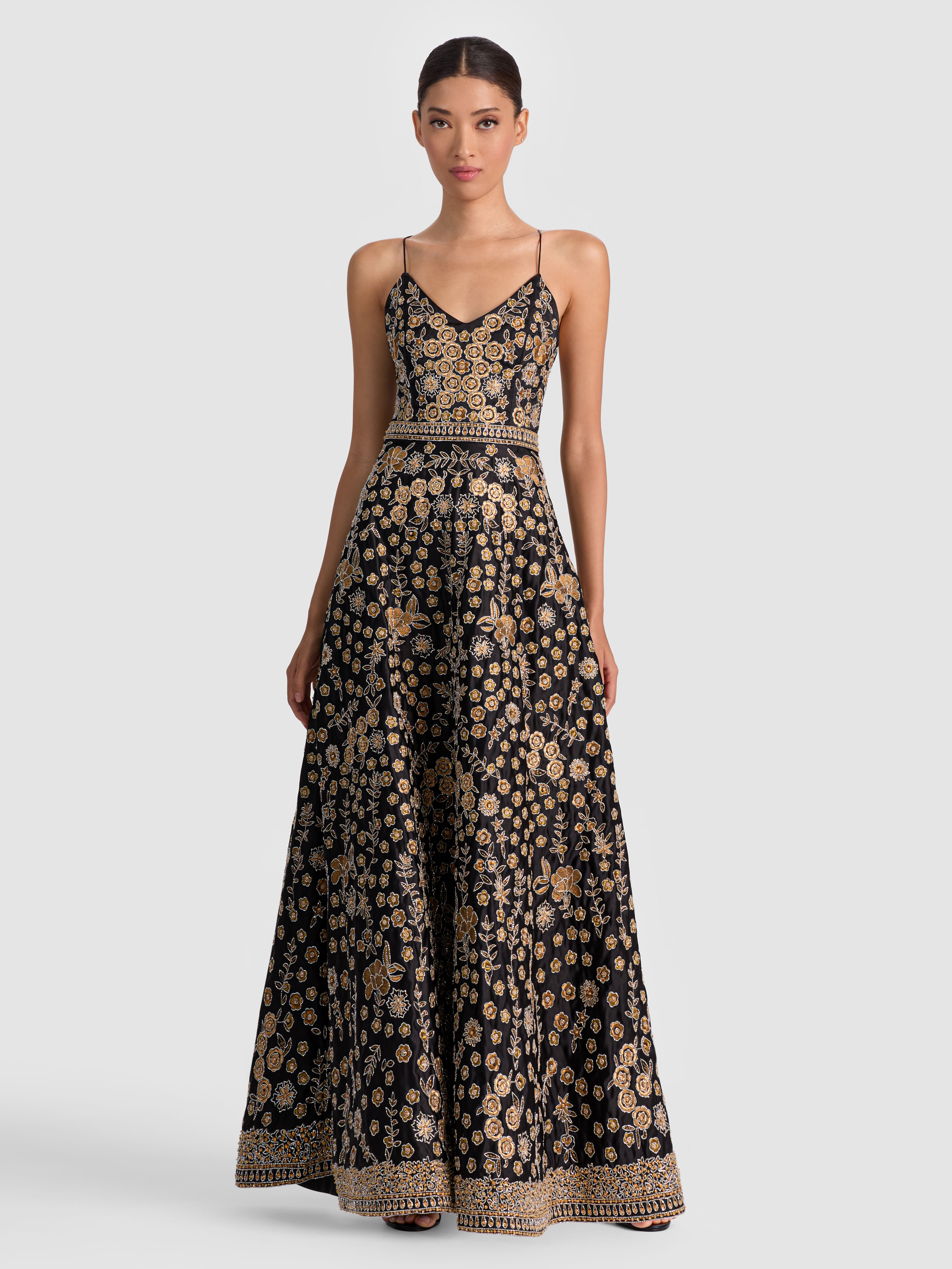 Fabiola Embellished Halter Neck Gown In Black/gunmetal