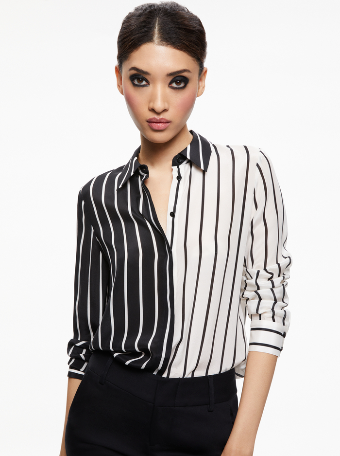 WILLA PLACKET TOP - VERTICAL PALAZZO STRIPE BLACK - Alice And Olivia