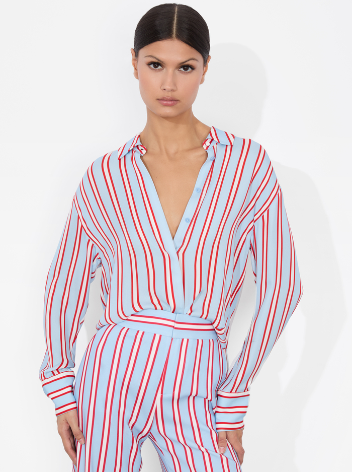 DIMITRA OVERSIZED BUTTON DOWN - TEAKWOOD STRIPE MINERAL BLUE/B - Alice And Olivia