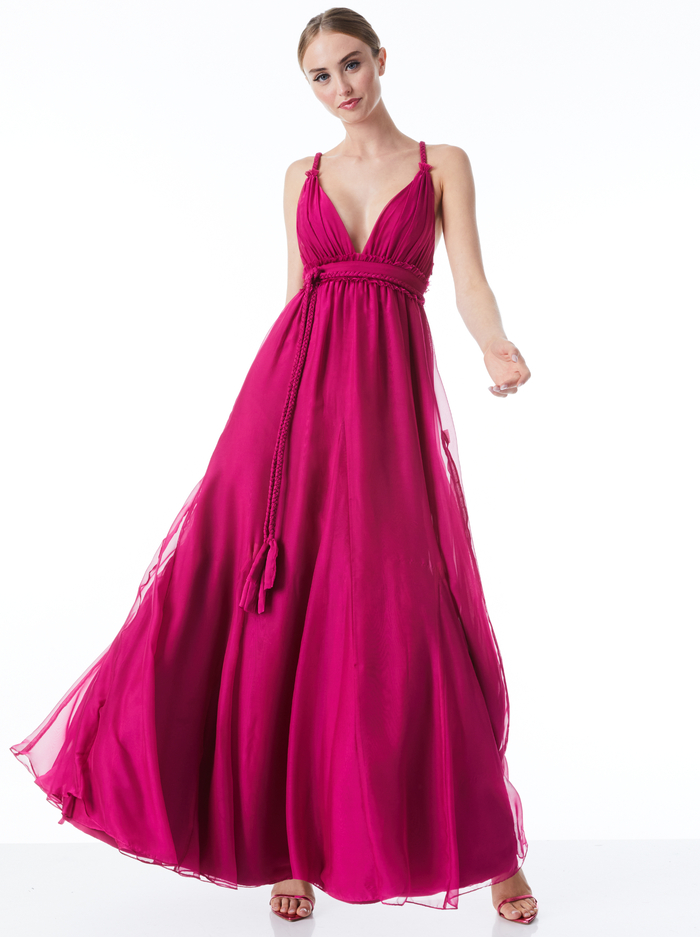 CARISA DEEP V-NECK GOWN WITH BRAIDED BELT - RASPBERRY image 2 - Alice And Olivia