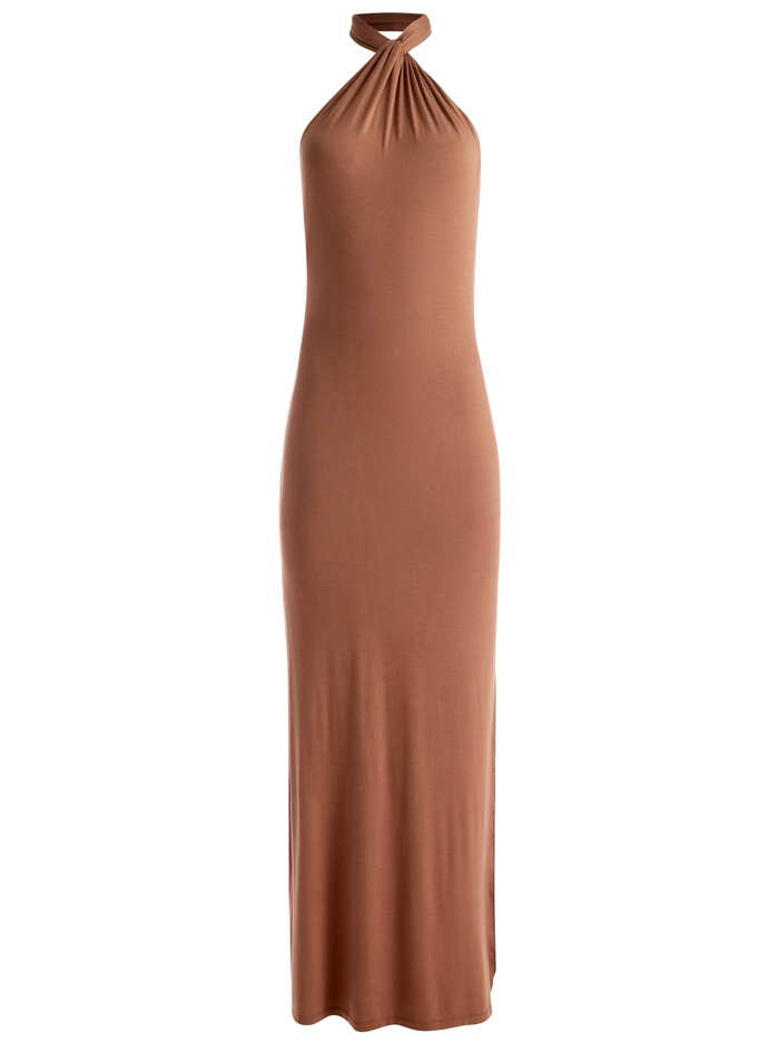 AMAYA HALTER NECK HIGH SLIT DRESS - CAMEL image 5 - Alice And Olivia