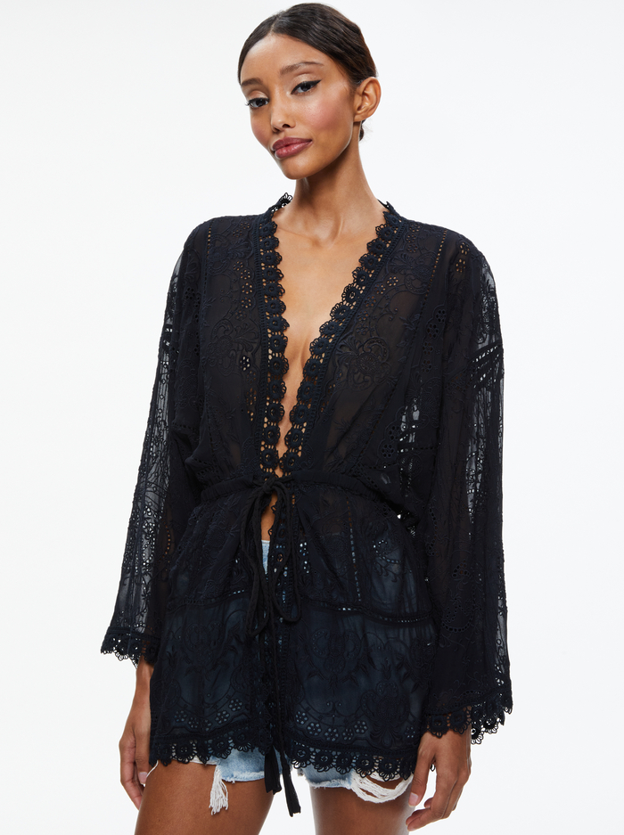 SHONA EMBROIDERED BATWING HIGH LOW BLOUSE - BLACK - Alice And Olivia