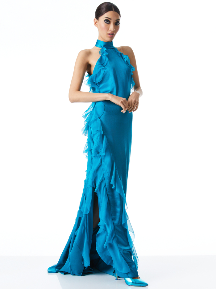 AMARIS RUFFLE HALTER NECK GOWN - TURKISH BLUE - Alice And Olivia