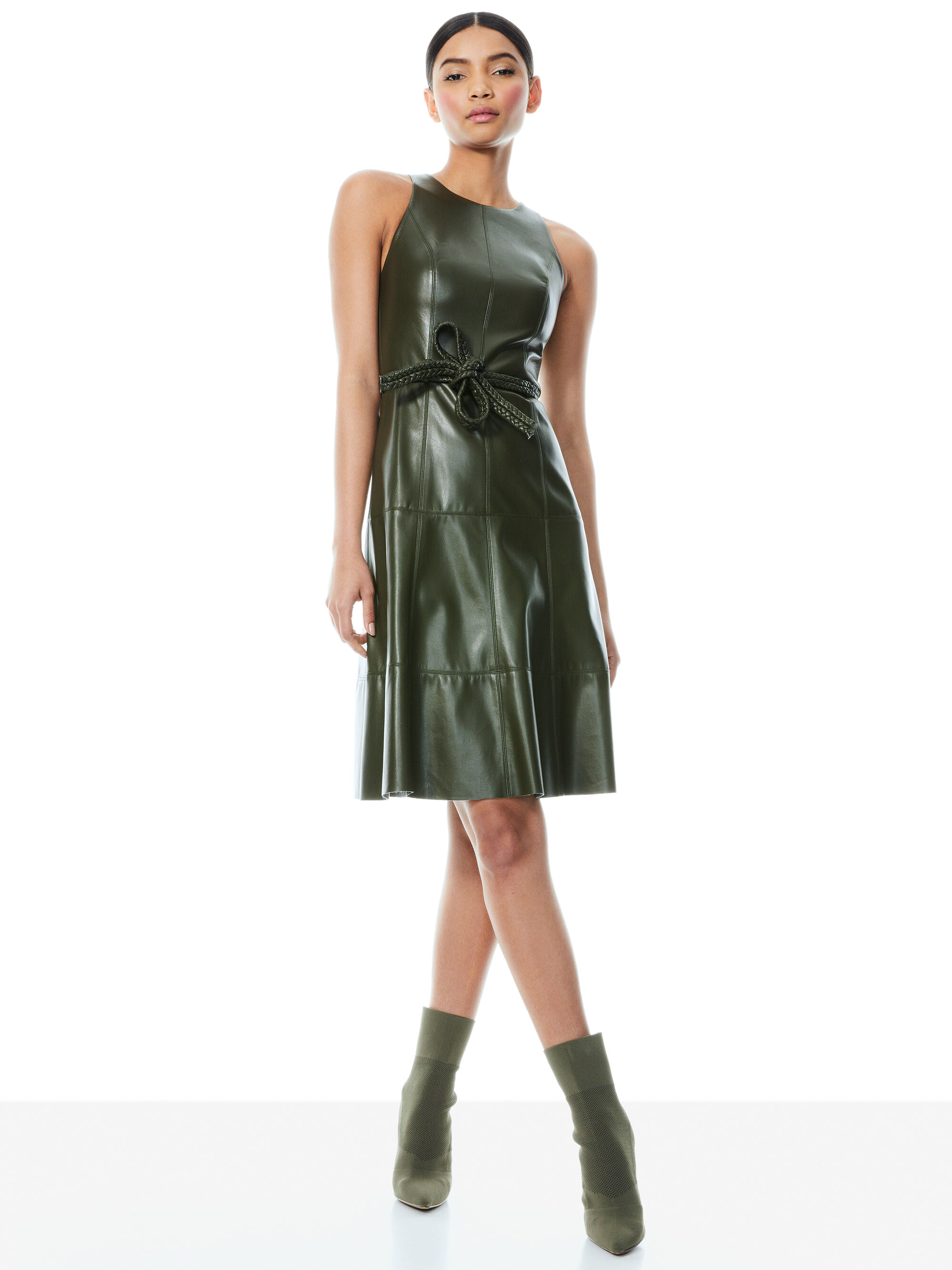 LEANDRA VEGAN LEATHER MIDI DRESS in OLIVE | ALICE + OLIVIA