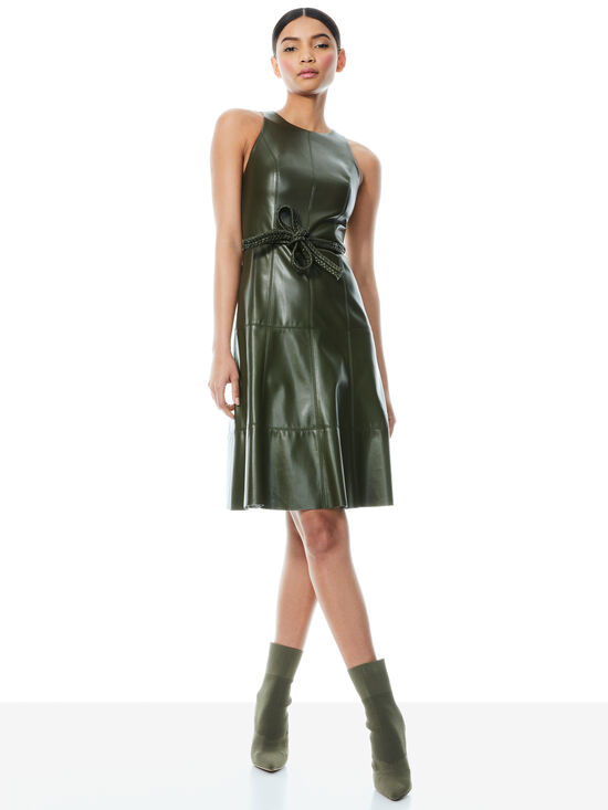 LEANDRA VEGAN LEATHER MIDI DRESS in OLIVE | ALICE + OLIVIA