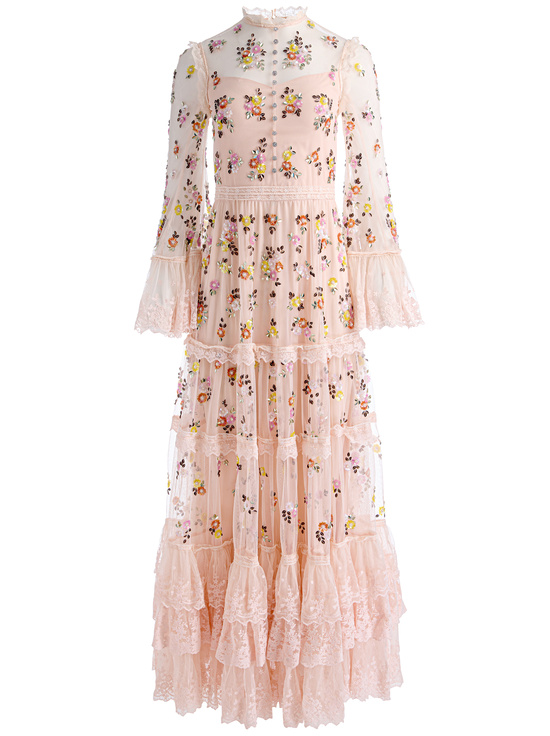 PALE PINK-ALLEGRA EMBELLISHED LACE MAXI DRESS