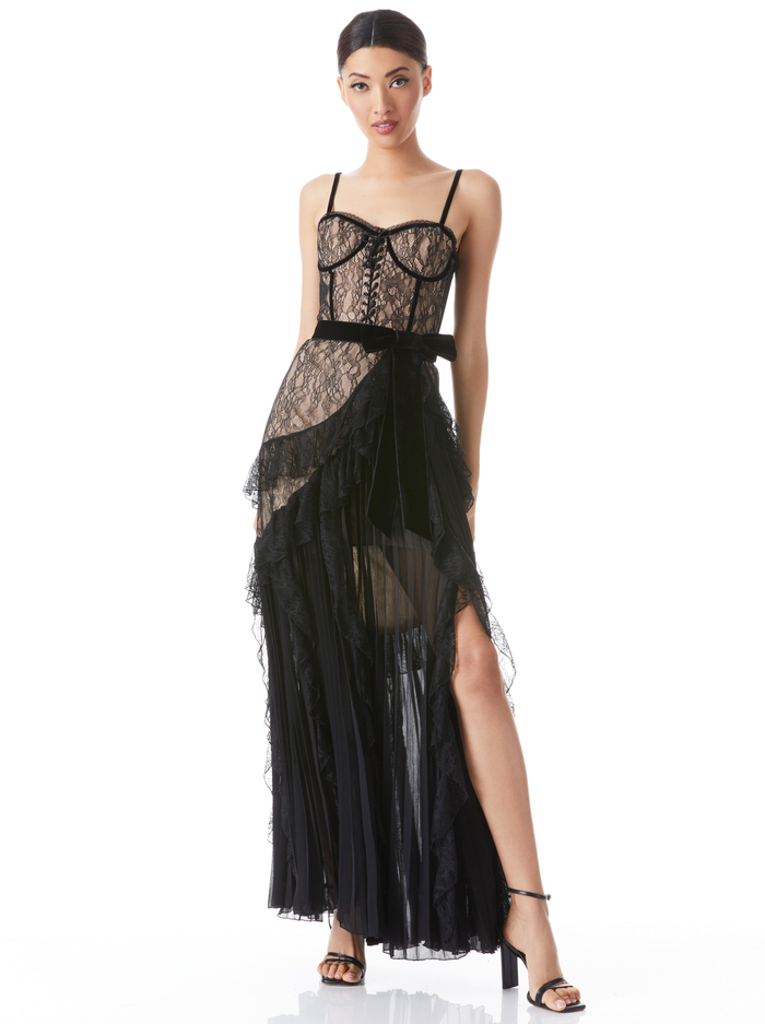 CHANTIL LACE RUFFLE GOWN - BLACK/ALMOND - Alice And Olivia