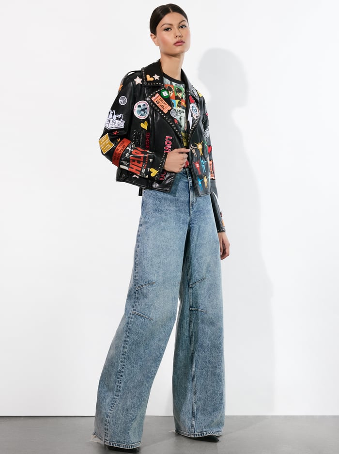 A+O X THE BEATLES CODY VEGAN LEATHER JACKET - BLACK MULTI image 5 - Alice And Olivia