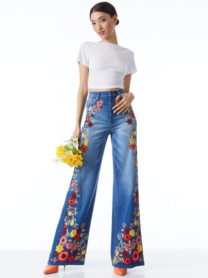 GORGEOUS EMBROIDERED WIDE LEG JEANS - PASADENA BLUE image 2 - Alice And Olivia