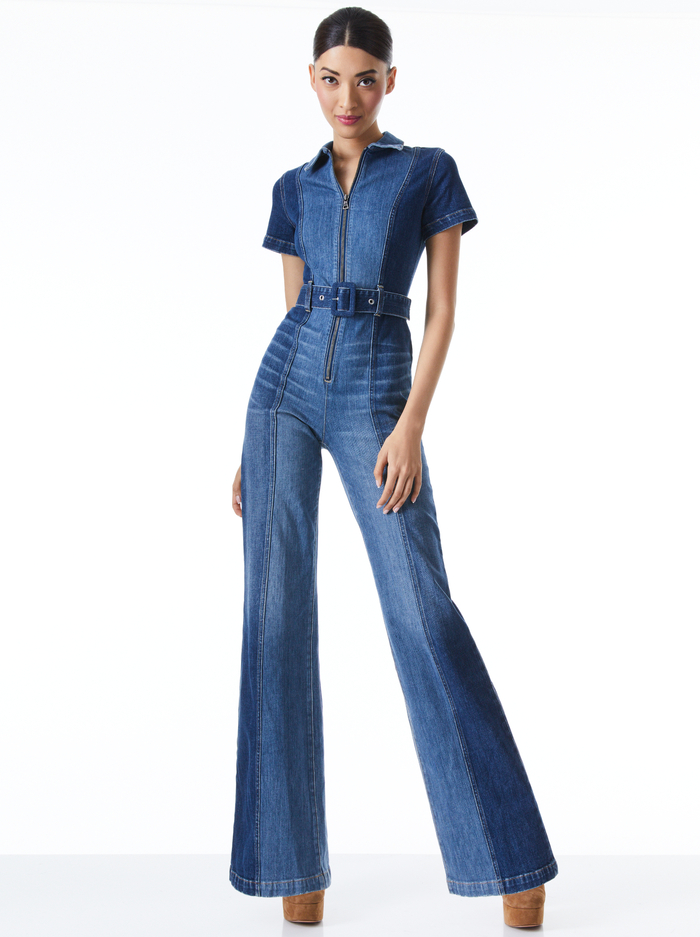 GORGEOUS WIDE LEG DENIM BELTED JUMPSUIT - DOUBLE TROUBLE - Alice And Olivia
