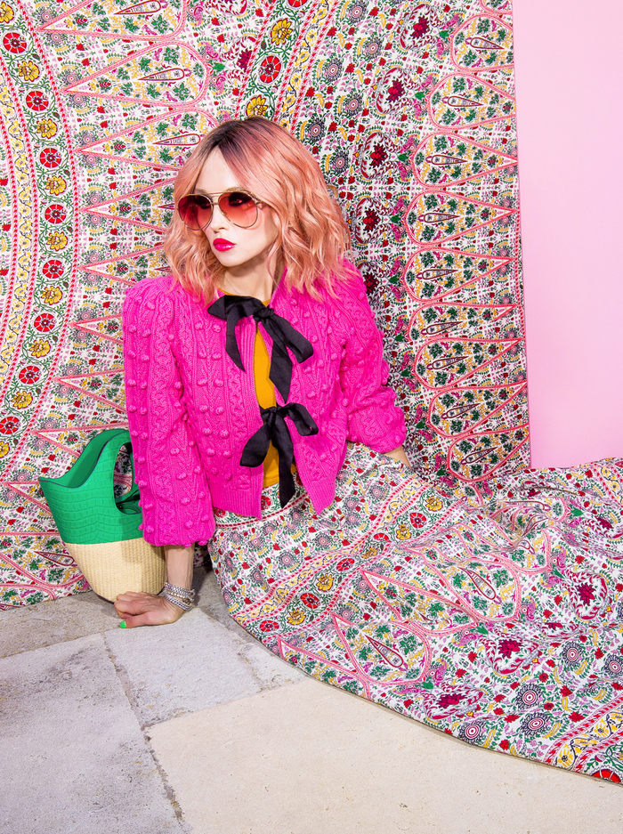 KITTY PUFF SLEEVE CARDIGAN - CALYPSO PINK/BLACK image 7 - Alice And Olivia