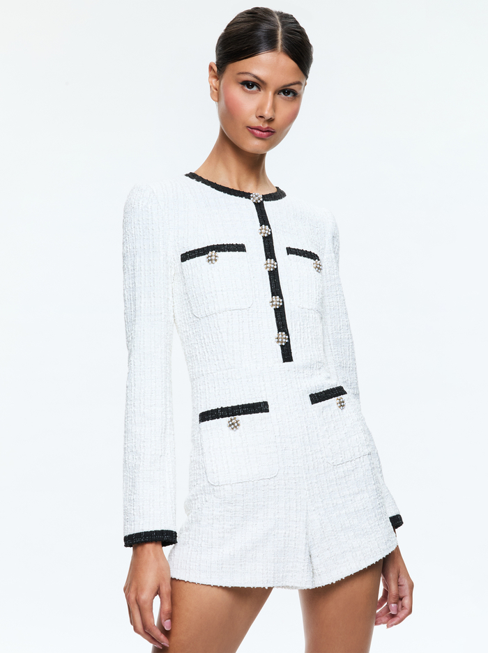 SHILOH TWEED ROMPER - OFF WHITE/BLACK - Alice And Olivia