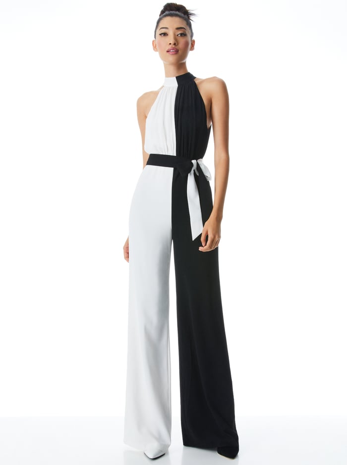THELMA HALTERNECK JUMPSUIT - BLACK/OFF WHITE - Alice And Olivia