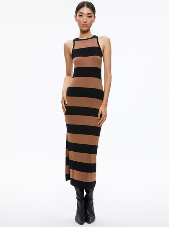 CAMEL/BLACK STRIPE-PANIA RACERBACK SIDE SLIT MAXI DRESS