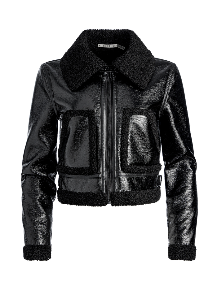 ISAIAH VEGAN LEATHER FAUX SHEARLING CROPPED JACKET - BLACK image 5 - Alice And Olivia
