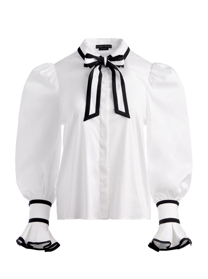 SHAREN PUFF SLEEVE BOW TIE BLOUSE - WHITE/BLACK image 5 - Alice And Olivia
