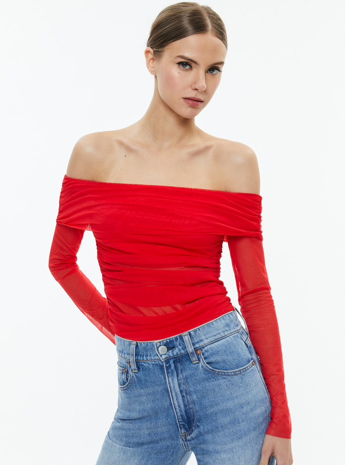 ISADOLA OVER THE SHOULDER RUCHED LONG SLEEVE TOP - BRIGHT RUBY - Alice And Olivia